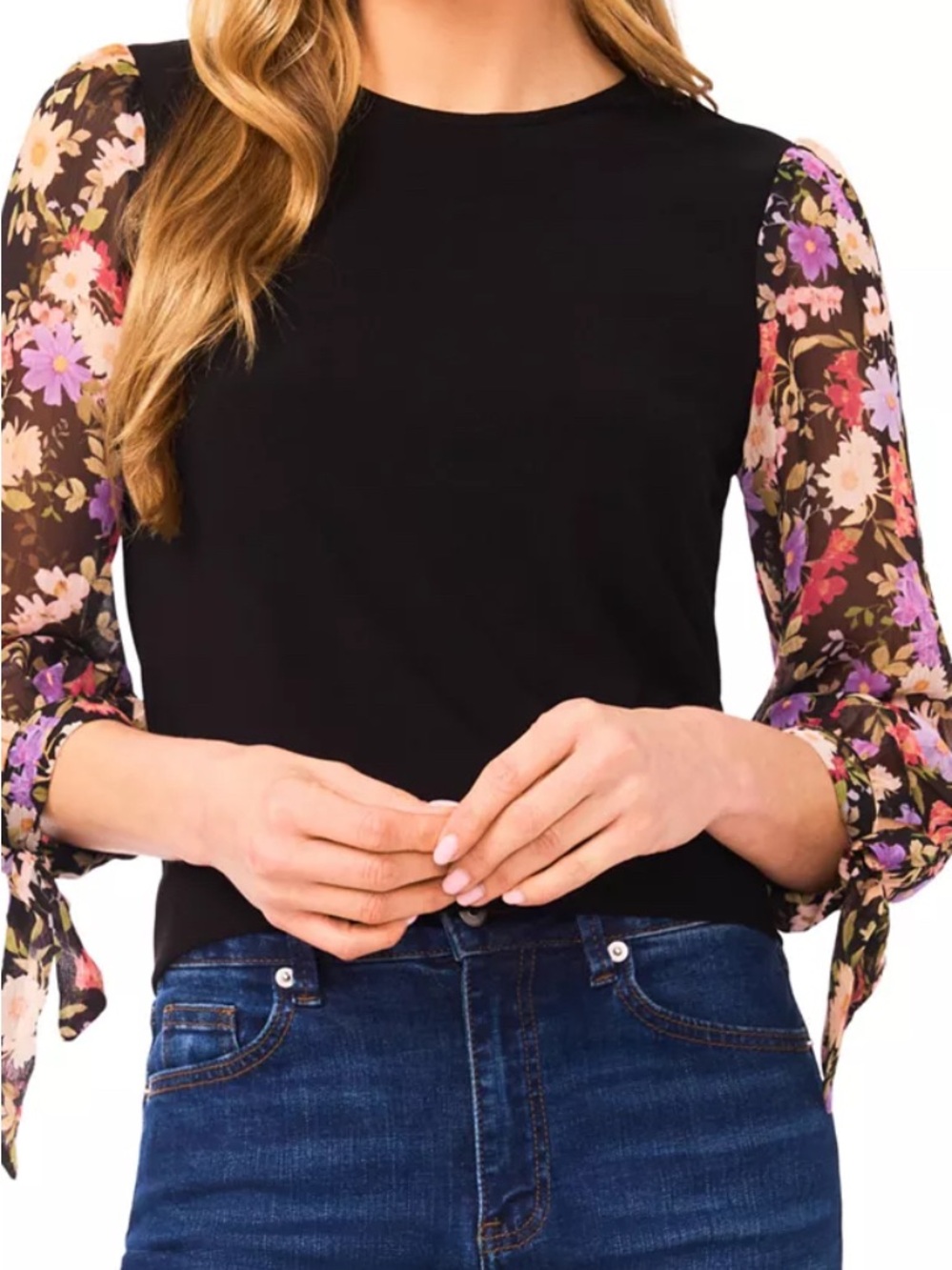 CeCe Black Top with Floral Sheer Tie Sleeves